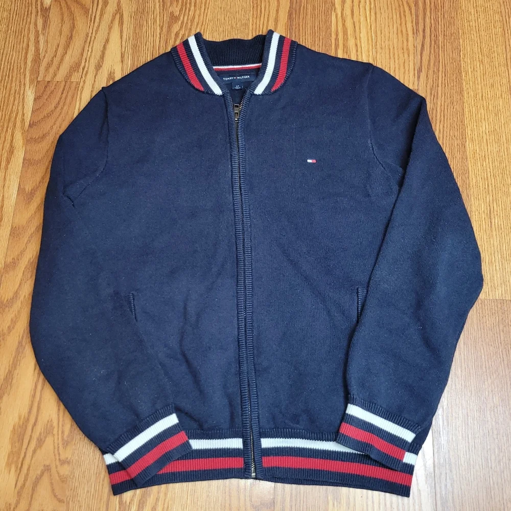 Tommy Hilfiger Blue Full ZIP Knit Sweater Navy With White Red Flag Stripes Sm/P - Picture 10 of 10